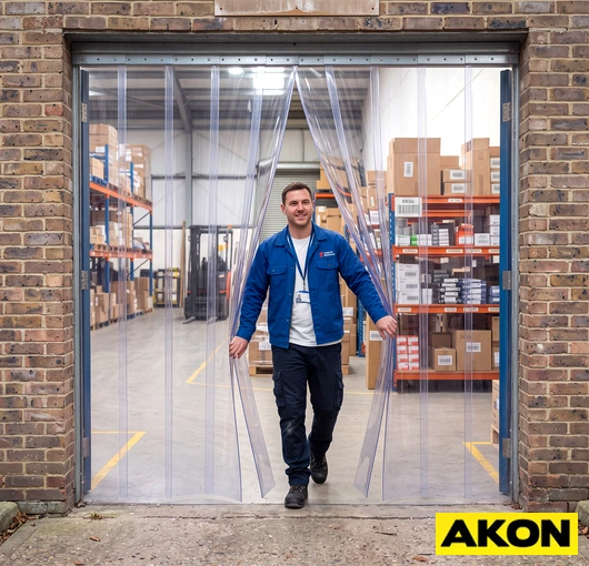 Plastic strip door curtains hanging in an industrial doorway, providing a flexible barrier between work areas.