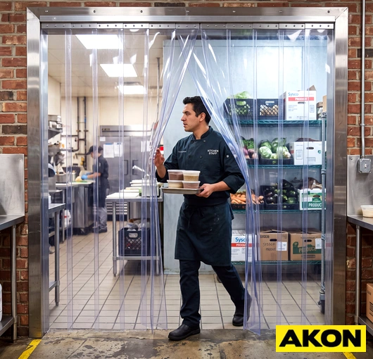 Plastic strip door curtains hanging in an industrial doorway to separate work areas while allowing easy passage.