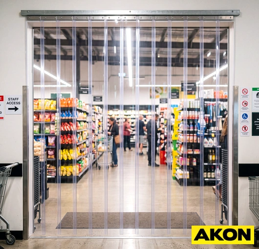 A clear vinyl strip curtain installed at a retail store entrance or interior doorway to separate shopping areas.
