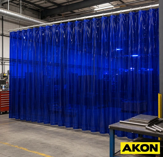 Heavy-duty welding curtains hanging in an industrial workspace to shield workers and equipment from sparks and UV light.