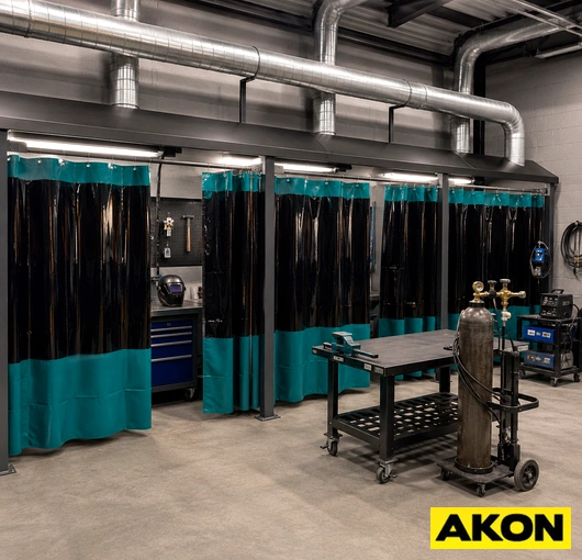 Industrial grade welding curtains hanging in a manufacturing facility to contain sparks and protect nearby workers.