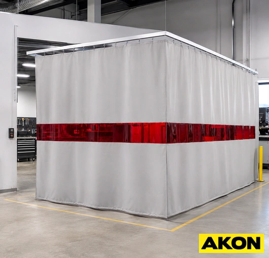 Heavy-duty welding curtains hung in an industrial workspace to contain sparks and block UV light from welding operations.