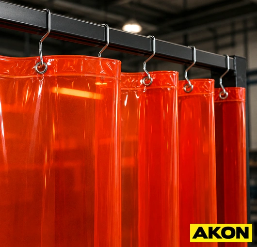 Reinforced welding curtains hanging in an industrial workspace to contain sparks and block UV radiation from welding operations.