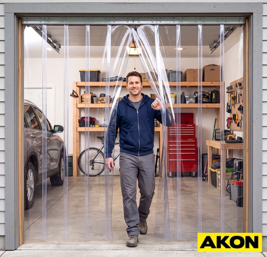 Weatherproof PVC vinyl strip curtains installed at an industrial doorway to block wind, rain, and outdoor elements.