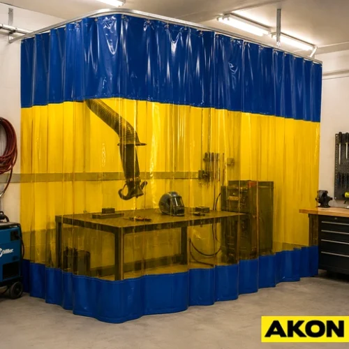 A welding curtain hanging in an industrial workspace to contain sparks and shield nearby workers from arc flash.
