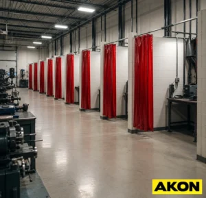 A welding curtain hanging in an industrial workspace to contain sparks and protect nearby workers from arc flash.