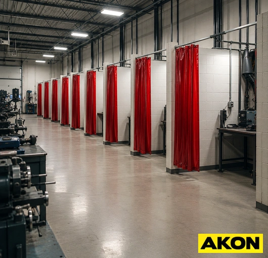 A welding curtain hanging in an industrial workspace to contain sparks and protect nearby workers from arc flash.
