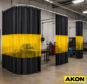 Welding curtain accessories including mounting hardware and hanging components used to install industrial welding curtains.