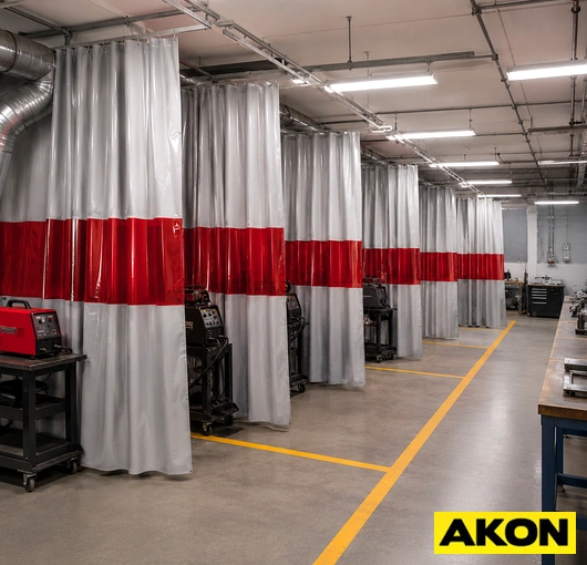A welding curtain divider installed in an industrial facility to separate a welding work area from the surrounding workspace.