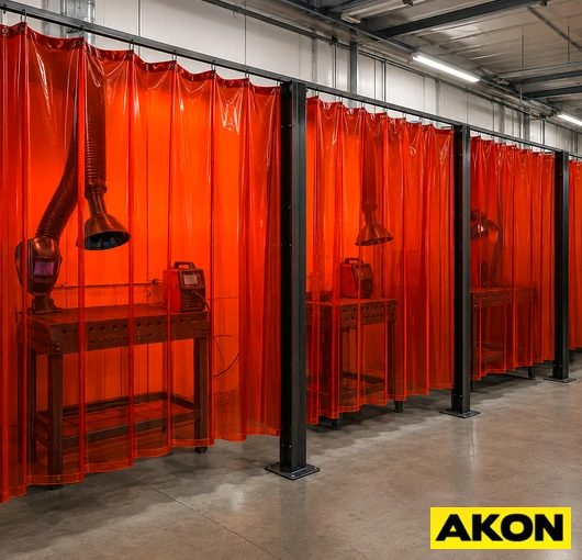 A roll of welding curtain material ready for cutting and installation in an industrial welding area.