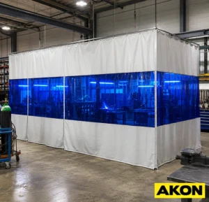 Flame-resistant welding safety curtains hanging in an industrial workspace to contain sparks and protect nearby workers.