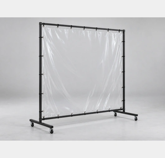 A clear vinyl room divider curtain suspended from a track, separating an open interior space into two sections.