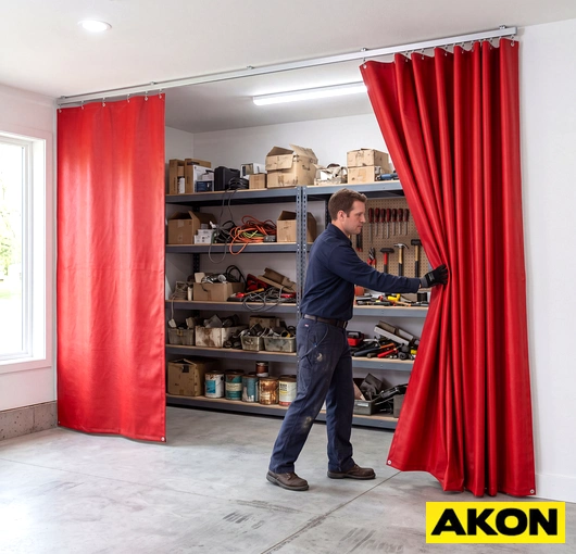 Industrial curtains installed in front of garage shelving units to conceal and protect stored items.