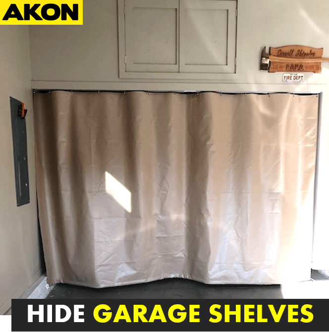 hide garage shelves with curtains