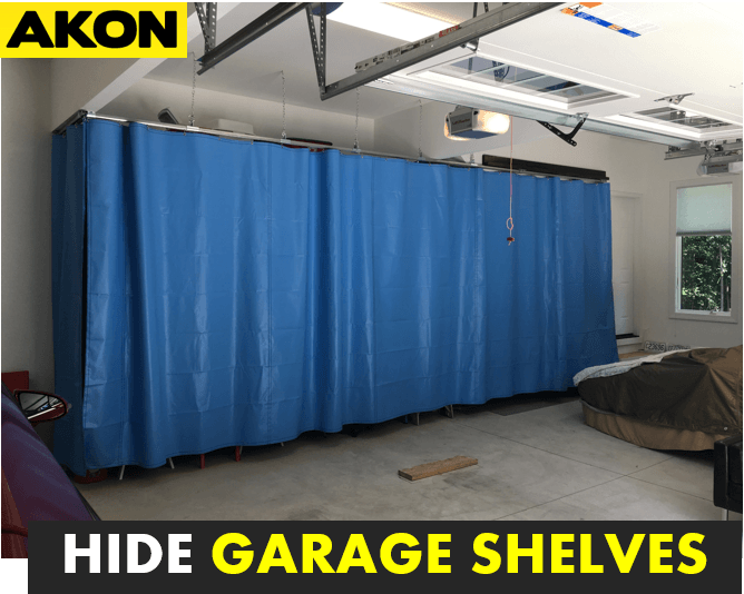 use curtains to hide shelves in your garage