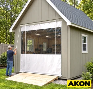 A pull cord roll up door installed at a building opening to provide weather protection for industrial or commercial use.