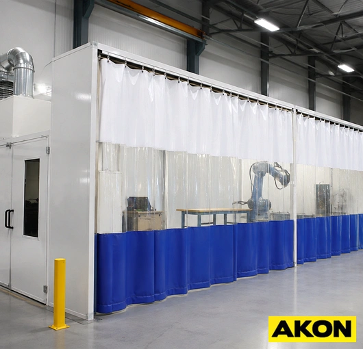 Industrial curtain enclosing a prep station work area to separate it from surrounding floor space.
