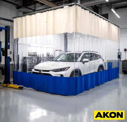 A curtain barrier enclosing an industrial prep station to separate it from the surrounding work floor.