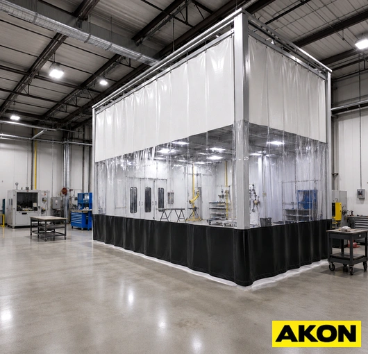 Reusable vinyl partition curtains dividing a prep booth workspace in an industrial facility.