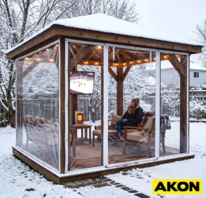 Clear vinyl curtain panels installed on a gazebo to enclose the sides and provide weather protection.