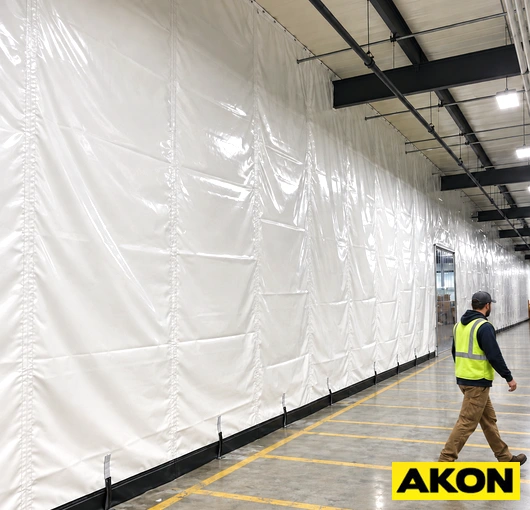 Industrial curtain dividers installed in a warehouse to create a climate controlled zone separated from the main floor.