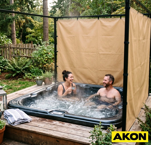 Curtain enclosure panels surrounding a hot tub to provide privacy and containment in a spa or commercial facility.