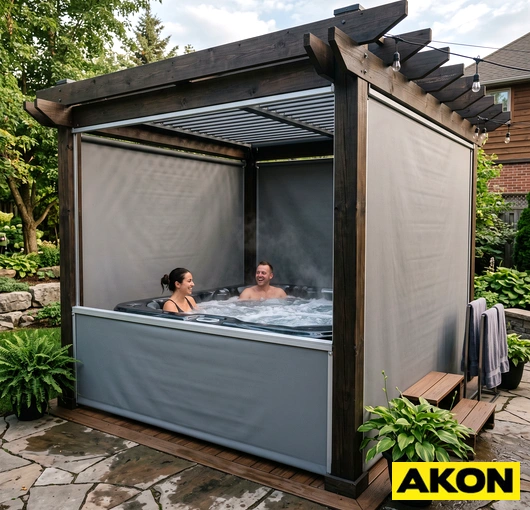 Curtain enclosure panels installed around a hot tub to provide privacy and contain moisture in a spa or pool area.