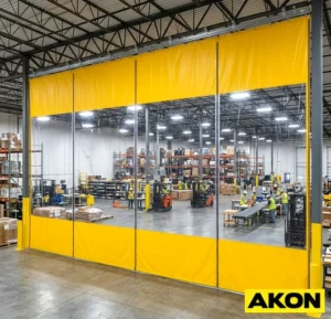 Large industrial building divider curtains separating sections of a warehouse or commercial facility.