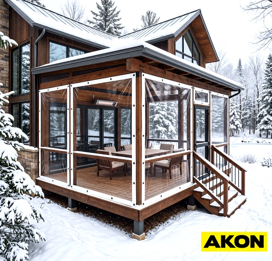 Clear tarp panels installed across the front of a porch to enclose the space and provide weather protection.
