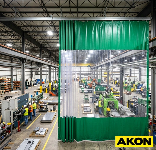 A heavy-duty curtain wall installed in a factory to partition a large industrial workspace into separate sections.