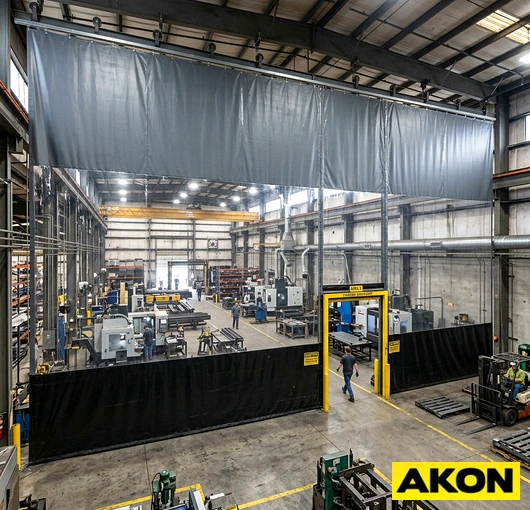 A large curtain wall dividing a factory floor into separate work areas, providing flexible space partitioning.