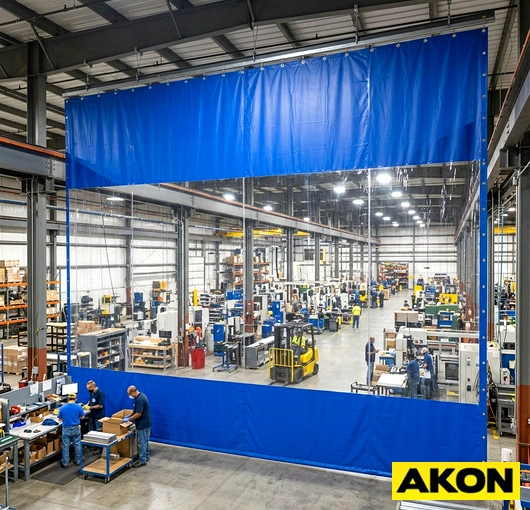 A heavy-duty curtain wall dividing a large factory floor into separate work zones.