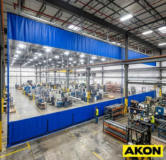 A large industrial curtain wall dividing a factory floor into separate work zones.