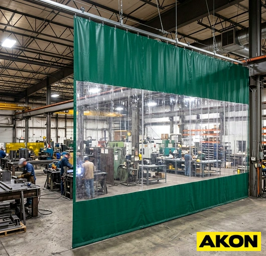 A large industrial curtain wall installed in a factory to partition the floor space into separate work areas.