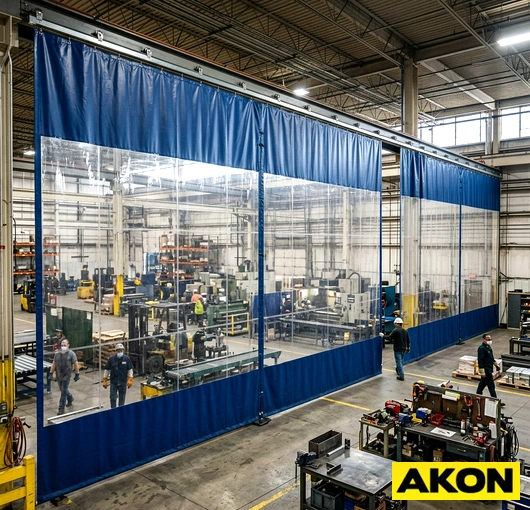 A large industrial curtain wall dividing a factory floor into separate work areas.