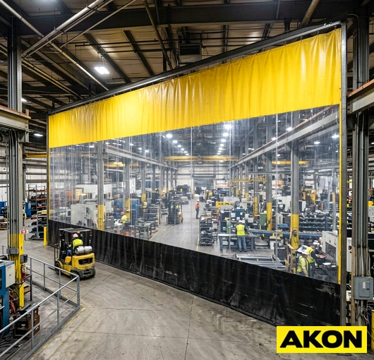 A large industrial curtain wall dividing a factory floor into separate work zones.