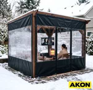 Heavy-duty industrial tarp with clear vinyl window panels, suitable for outdoor or warehouse enclosure use.