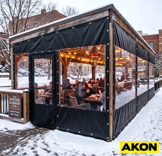 Heavy-duty industrial tarp with clear vinyl window panels, suitable for outdoor enclosures or equipment coverage.