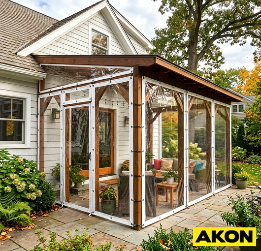Clear vinyl tarp enclosing a lean-to porch to protect an outdoor patio area in fall weather.