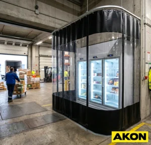 A heavy-duty industrial isolation curtain hanging in a large commercial or manufacturing facility to separate work areas.