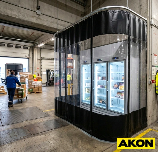 A heavy-duty industrial isolation curtain hanging in a large commercial or manufacturing facility to separate work areas.