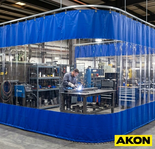 Heavy duty isolation curtains hanging in an industrial facility to divide or contain a work area.