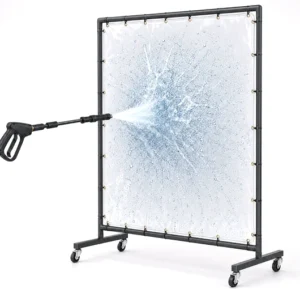 Portable wash down screens set up in an industrial facility to contain water and debris during cleaning operations.