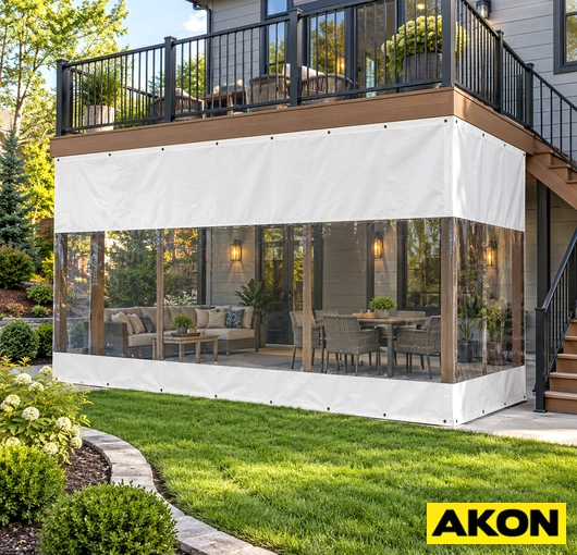 Heavy-duty tarp curtains installed under a deck to block wind, rain, and debris from the area below.