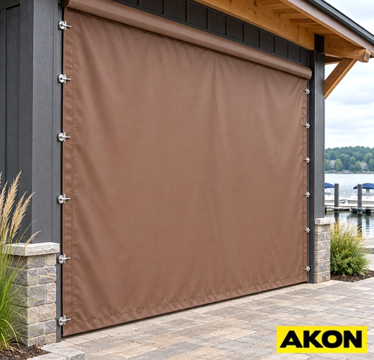 Industrial curtain with a locking mechanism installed across a doorway or opening to restrict access.