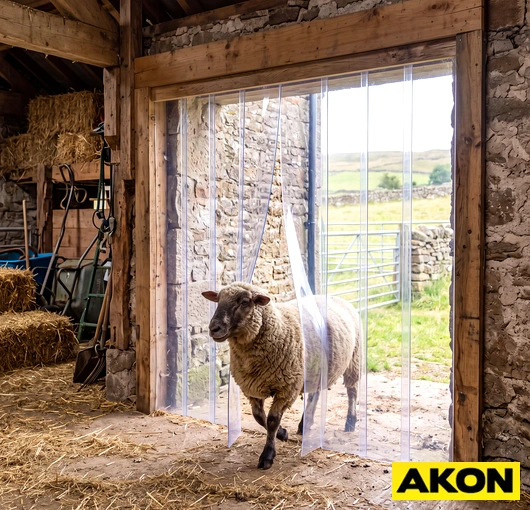 A strip curtain installed at a livestock facility entrance used to manage sheep movement between areas.