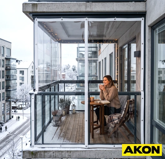 Clear vinyl curtain panels installed on a balcony to block rain and snow while maintaining visibility.