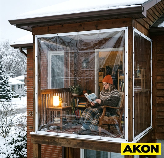 Clear vinyl curtain panels installed on a balcony to block rain and snow while maintaining visibility.