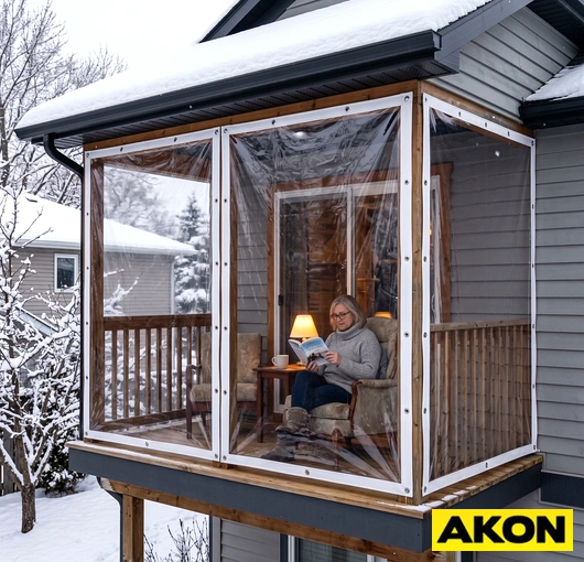 Clear vinyl curtain panels installed on a balcony to block rain and snow while maintaining visibility.