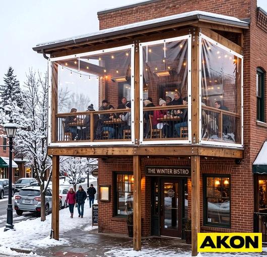 Clear vinyl curtain panels installed on a balcony to block rain and snow while maintaining visibility.